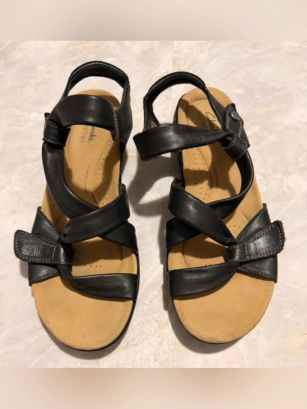 Clarks Black Leather Strappy Comfort Sandals for Women